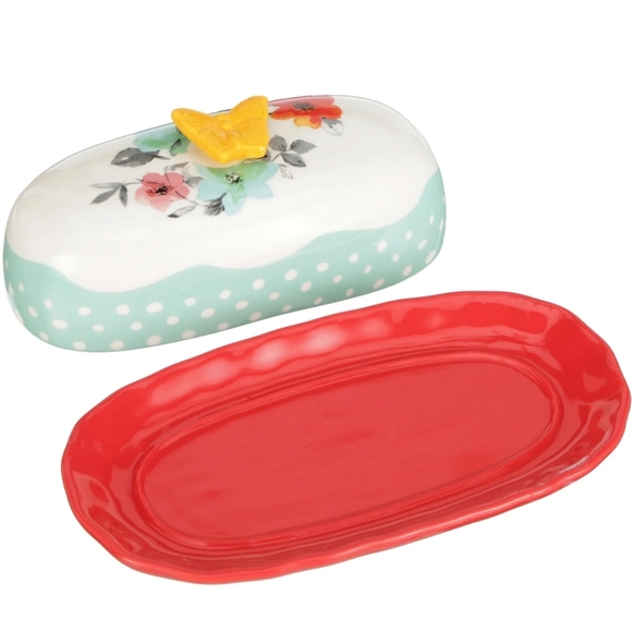 ❤️ New Pioneer Woman Flea Market Red and Yellow Floral Butter Dish - Picture 2 of 3